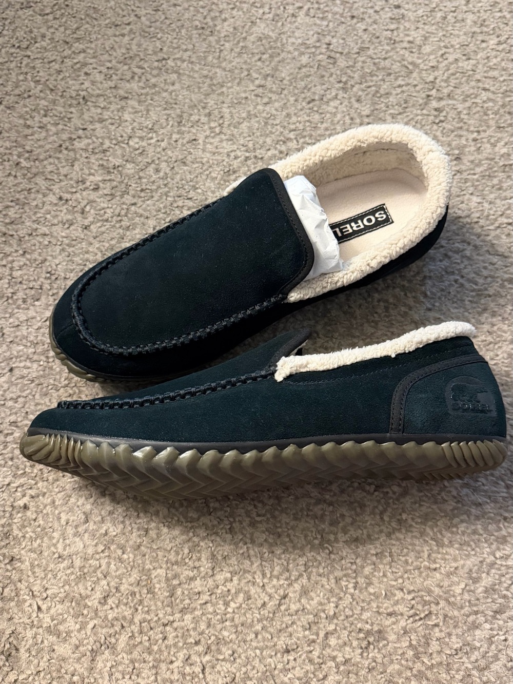 Sorel Black Suede Slip-On Loafers with Cream Sherpa Collar